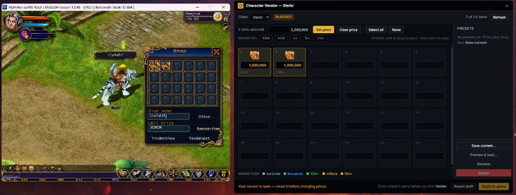 Myth War shop window beside Maps++ Character Vendor with quick-fill prices and presets