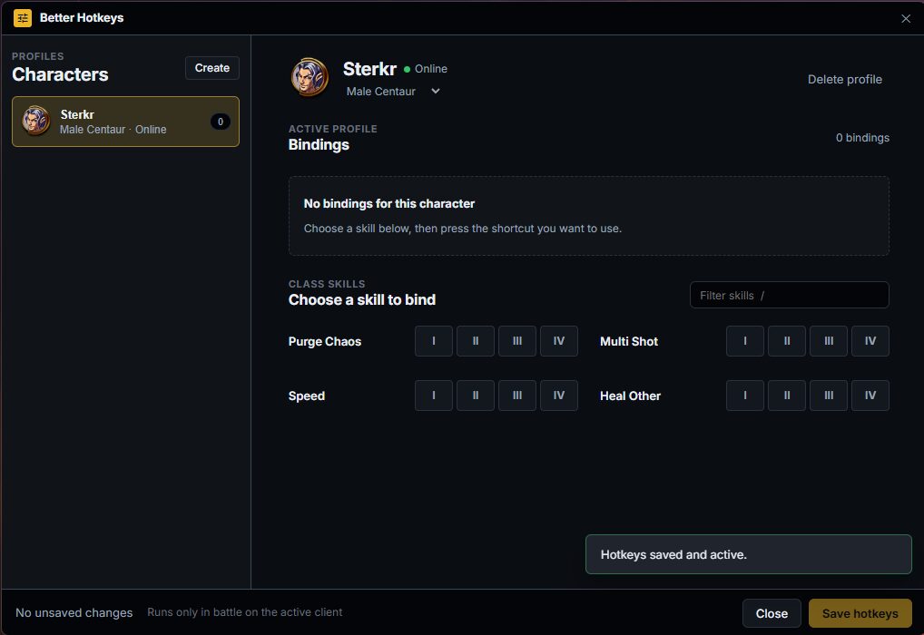 Maps++ Better Hotkeys showing character list, bindings, and class skill ranks