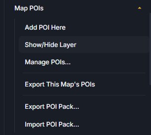 Maps++ Map POIs context menu with Add POI, Show/Hide Layer, and export options