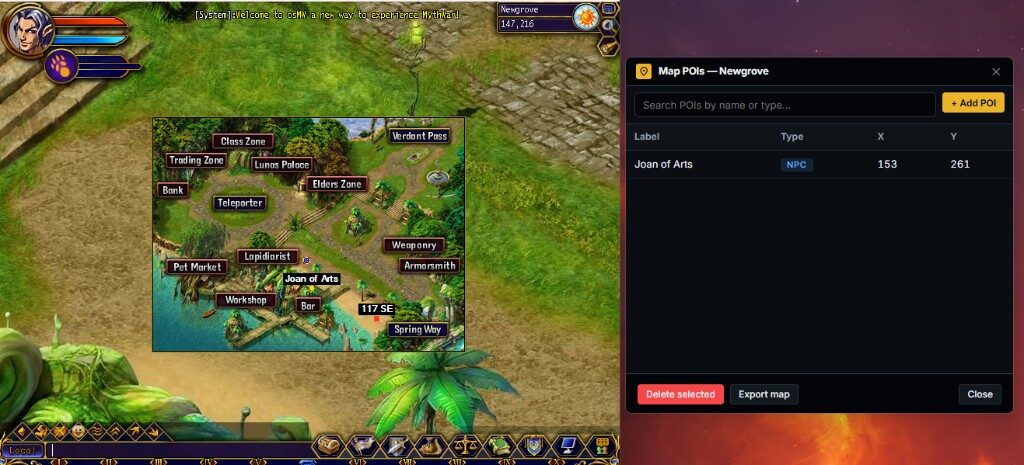 Side-by-side of Myth War Online Newgrove map and Maps++ Map POIs window listing Joan of Arts