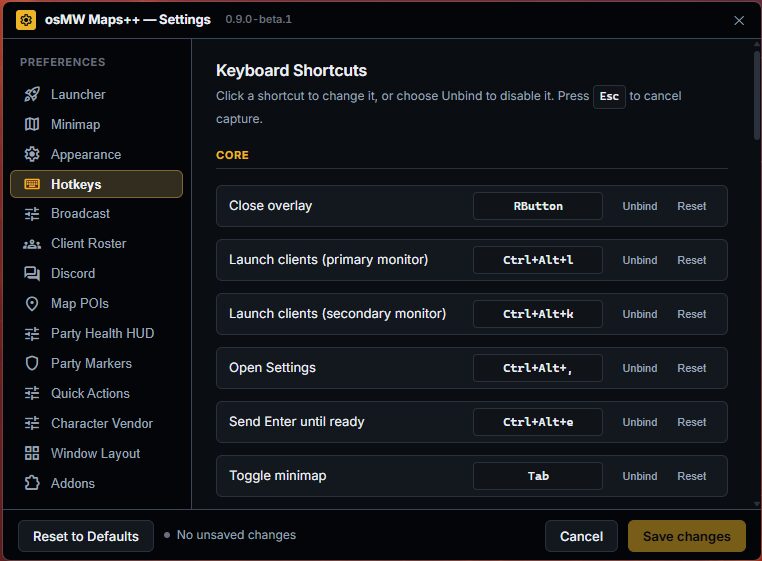 osMW Maps++ Settings window listing preferences and core keyboard shortcuts