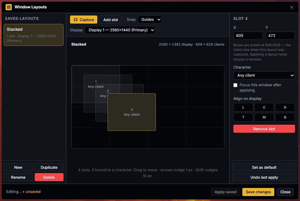 Maps++ Window Layouts with stacked slots on a display grid and slot properties